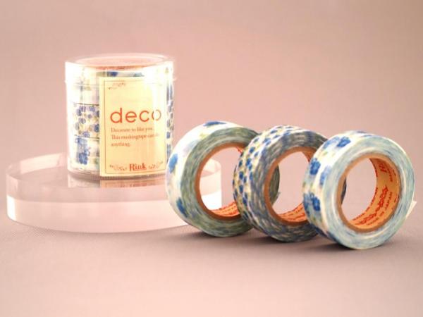 リンレイテープ　和紙マスキングテープ　deco ROSE blue　15mm幅×11m巻　3本
